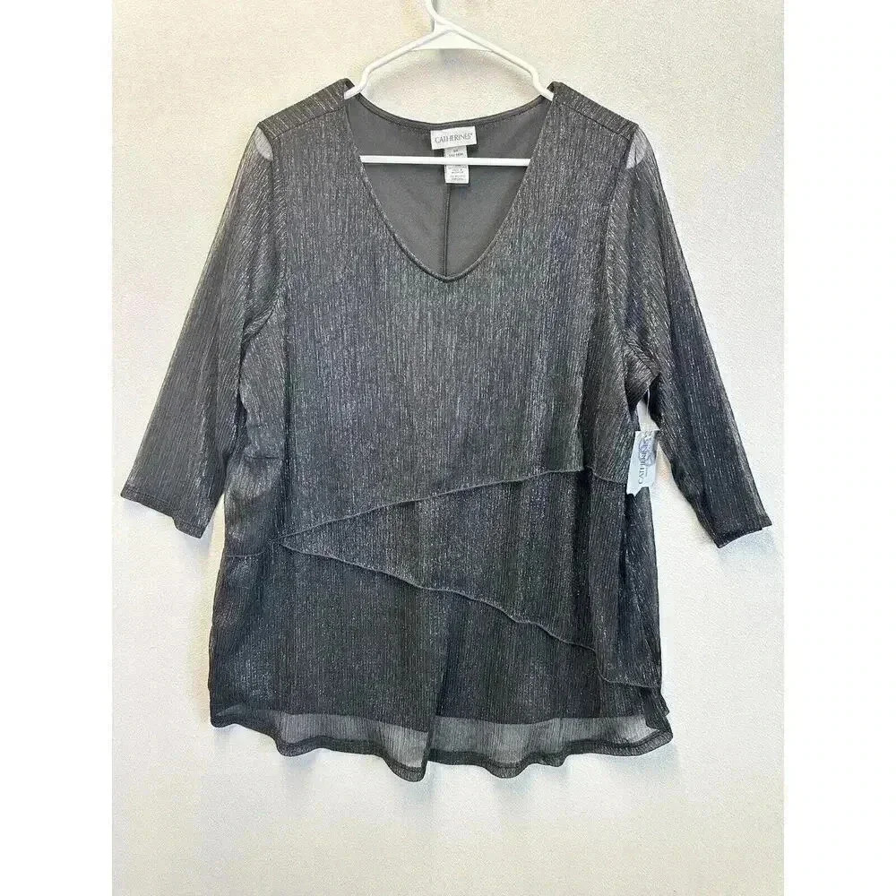 Catherines Plus Size 0X Tops Metallic Sheer Ruffle Dressy Lightweight Blouse